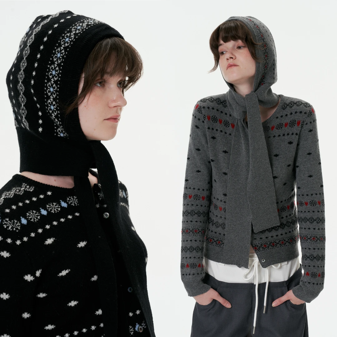 SEEKSIMPLE 费尔岛提花开衫毛衣围巾帽 D6770