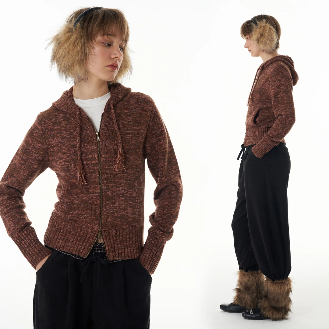 SEEKSIMPLE 暖暖热巧 拉链连帽针织开衫D0609