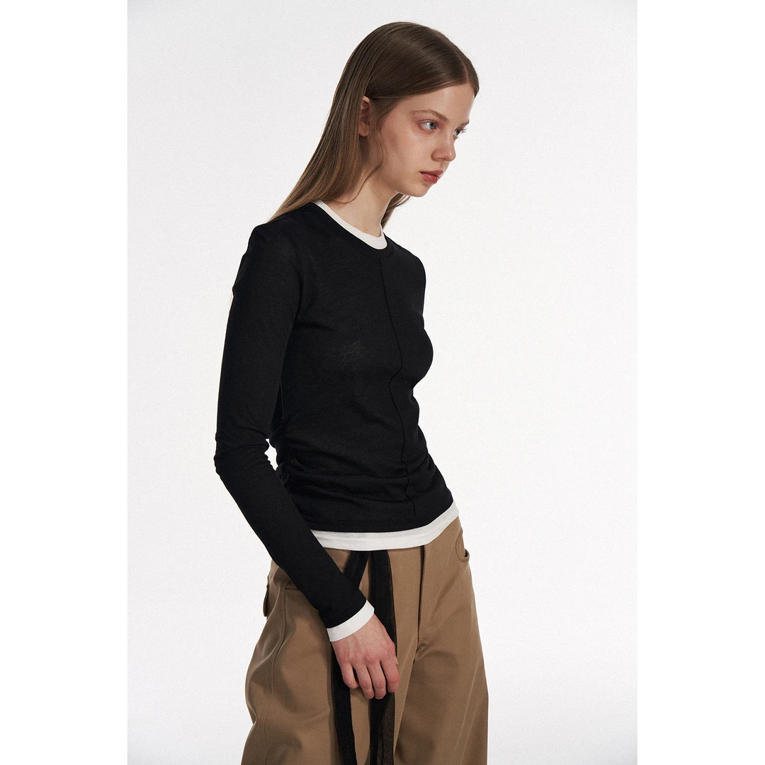 SEEKSIMPLE 收腰长袖t恤内搭修身拼接假两件打底衫上衣女D9149