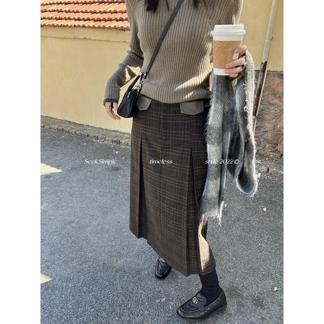 SEEKSIMPLE 南风旅行 格纹半身裙女 复古直筒毛呢裙子k0508