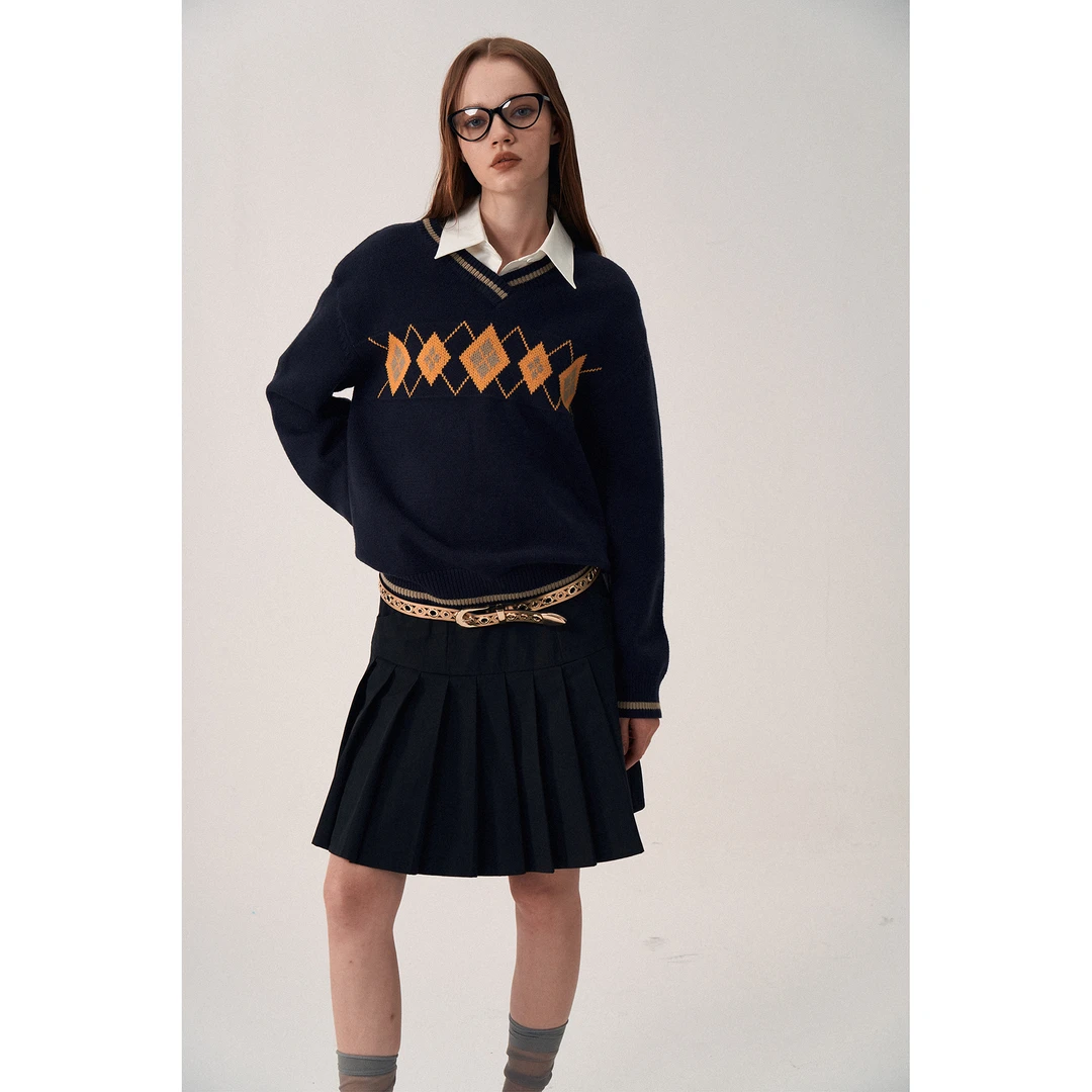 SEEKSIMPLE 复古撞色菱格毛衣女2023秋冬慵懒风宽松针织上衣D6202