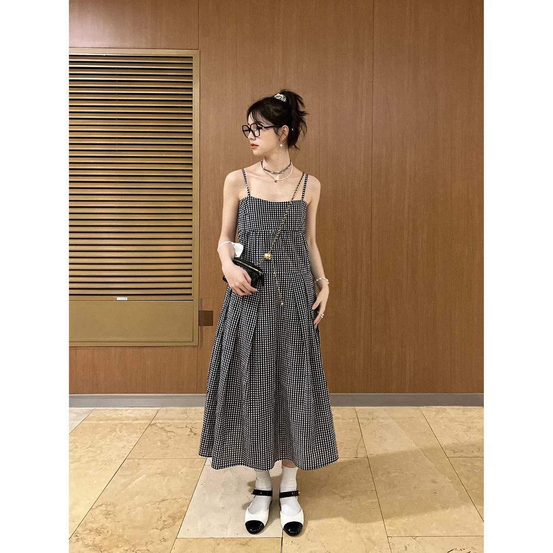 SEEKSIMPLE 法式格子吊带裙女夏设计感小众肌理感连衣裙HG266