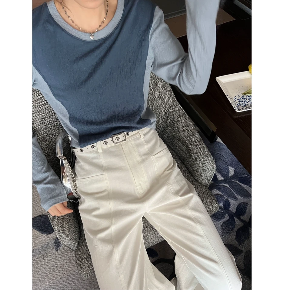 SEEKSIMPLE 撞色插肩t恤女春季拼接肌理感美式长袖上衣F0110