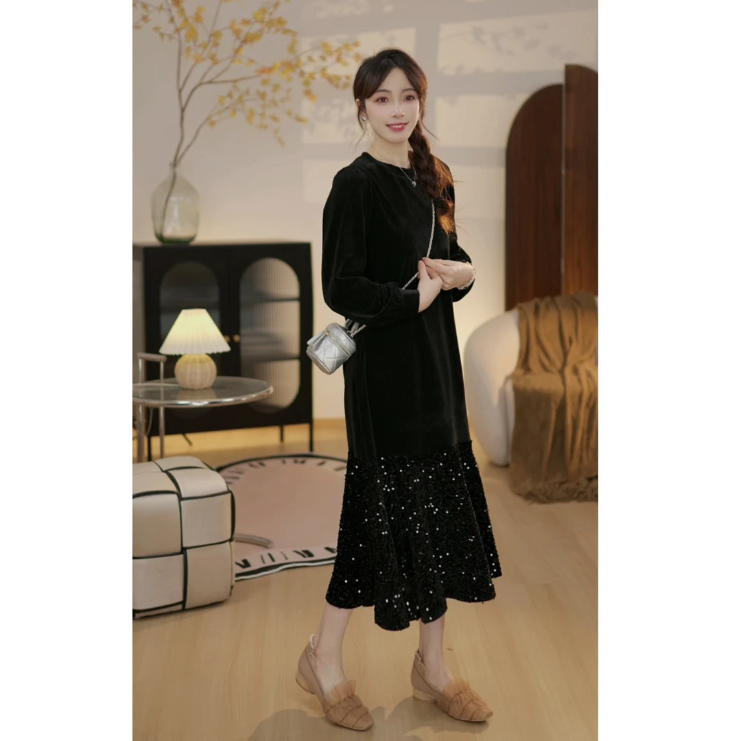 【星河璀璨A】轻奢风宽松丝绒拼接亮闪闪鱼尾气质显瘦连衣裙