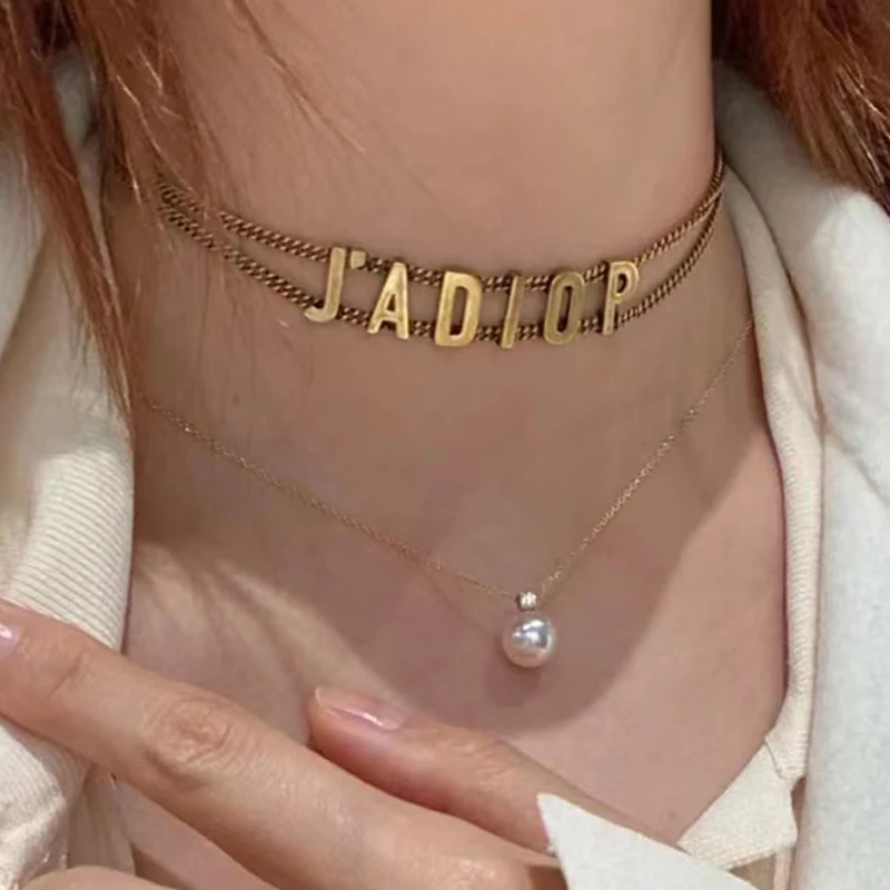 合金项链 CD字母双层锁骨链复古做旧链条choker高级感新款百搭