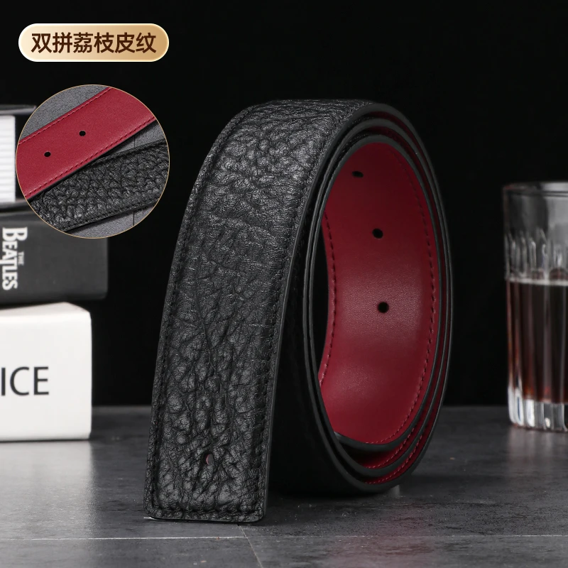 （单腰带）3.8宽头层牛皮时尚百搭荔枝纹男士皮带平滑扣裤腰带条