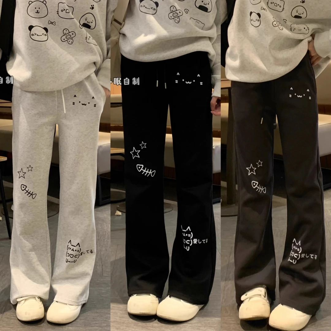 美式辣妹卡通猫咪微喇叭休闲裤女秋冬加绒修身小个子高腰直筒裤子