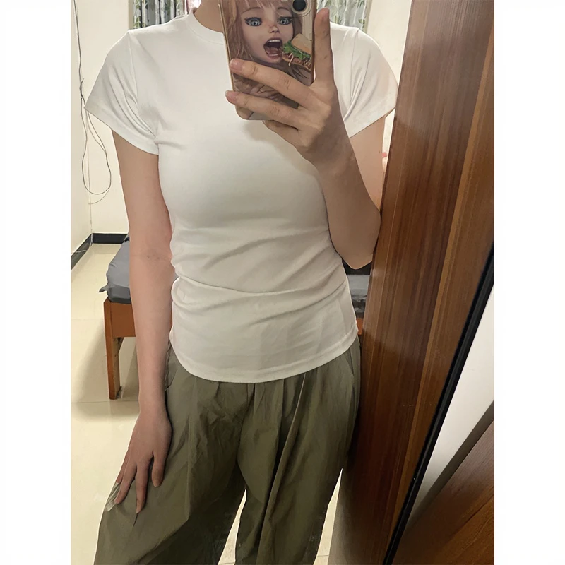 白色基础款正肩短袖t恤女夏季修身百搭显瘦短款内搭打底衫上衣服
