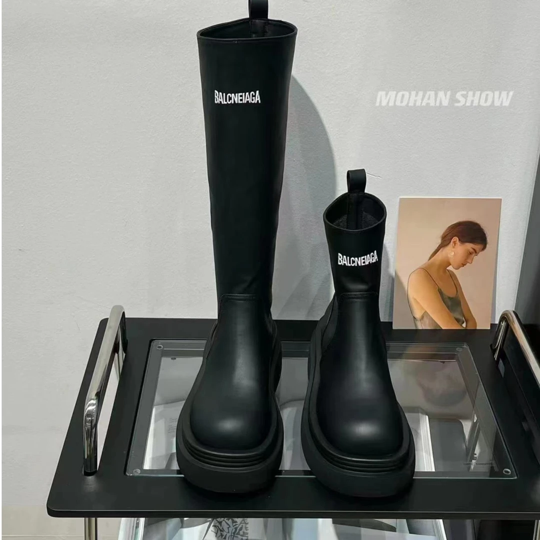 厚底字母短靴弹力靴女2023新款百搭不过膝机车靴高筒靴套筒骑士靴