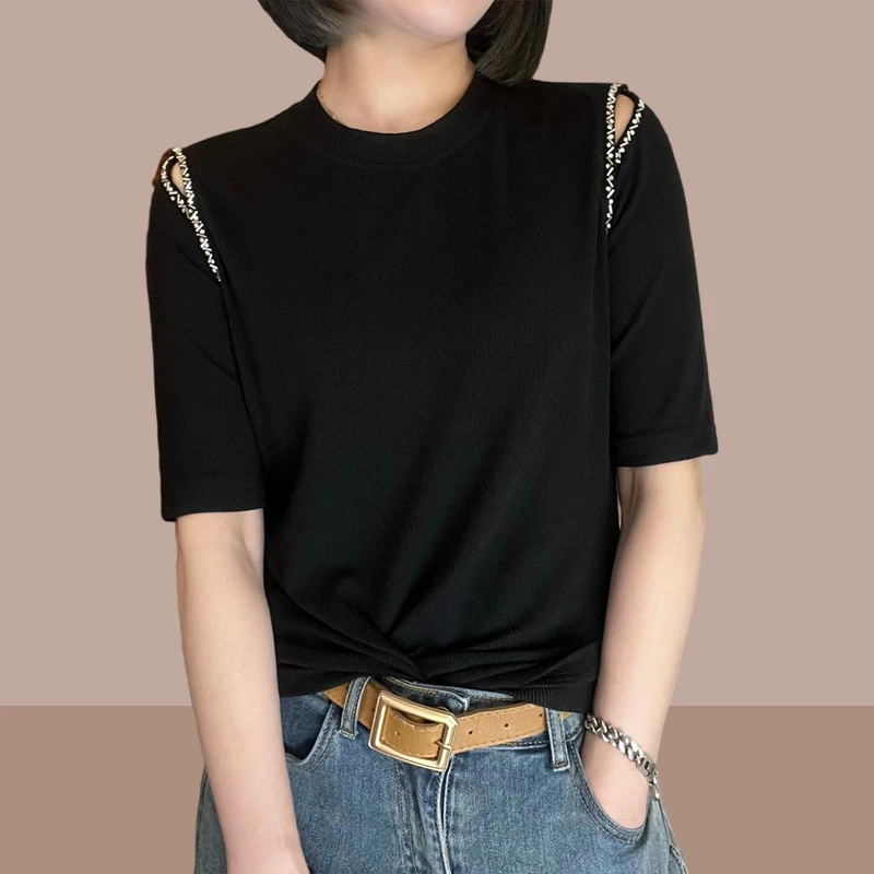 夏季新款短袖t恤女士露肩短款上衣设计感小众时尚休闲纯色体恤女