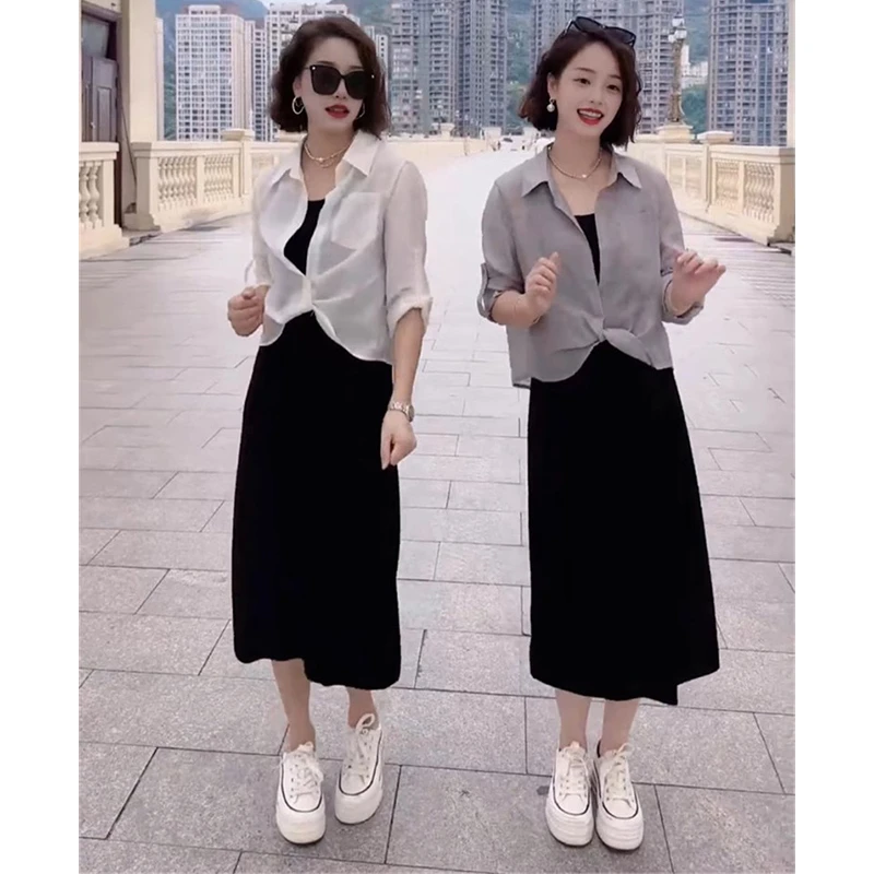 夏季吊带裙套装女2025新款小个子薄款防晒衬衫洋气减龄气质两件套