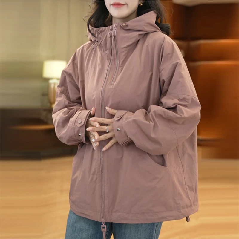 时尚长袖连帽风衣外套女春秋2025新款韩版百搭宽松户外冲锋衣夹克