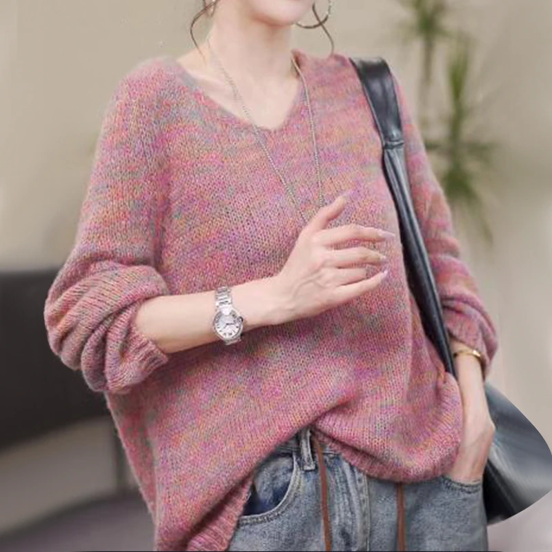 韩系V领高级感针织衫毛衣女春秋款2025款网红洋气宽松慵懒版上衣