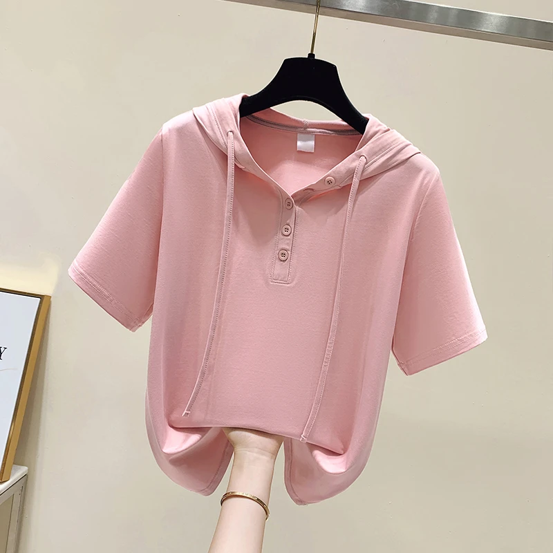 纯棉连帽短袖t恤女夏季爆款2025新款时尚洋气小衫胖mm遮肉上衣服