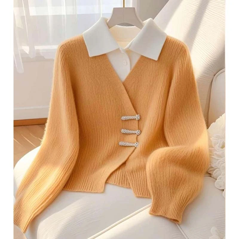 新中式国风假两件盘扣针织衫女2025年秋冬季新款长袖打底毛衣外套