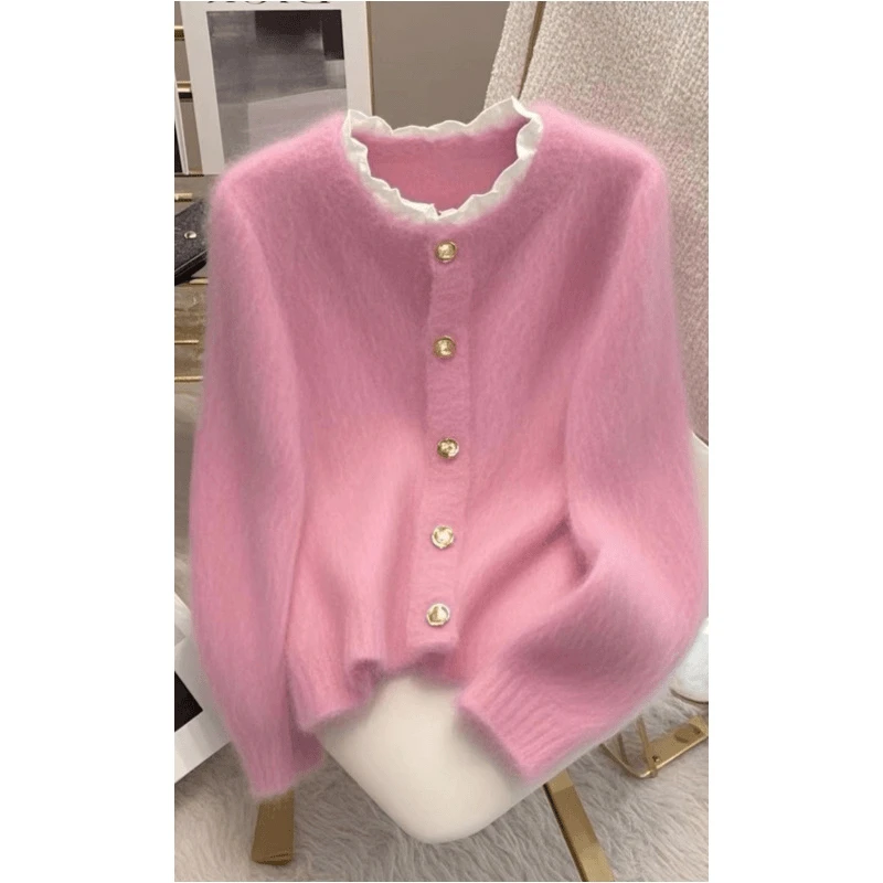 韩系穿搭粉色毛衣女秋冬季2025新款气质高级感木耳领针织开衫上衣