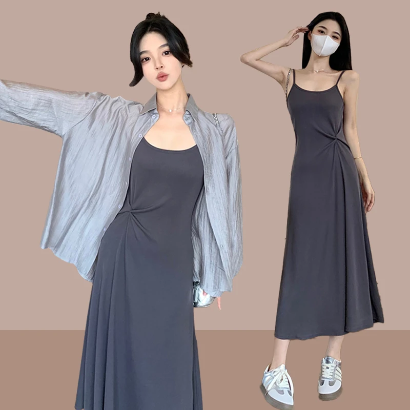 2025新款漂亮时尚套装裙女夏季清爽休闲防晒衬衫吊带连衣裙两件套