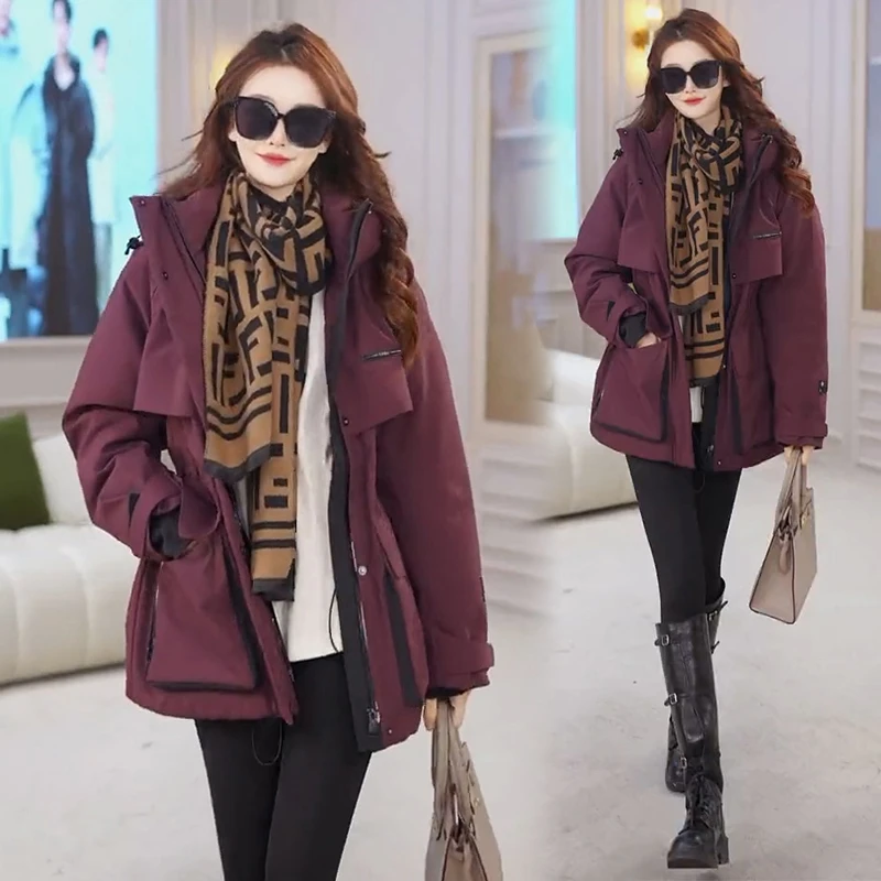 韩版中长款工装外套女冬季2025新款收腰保暖加厚夹棉连帽冲锋棉服