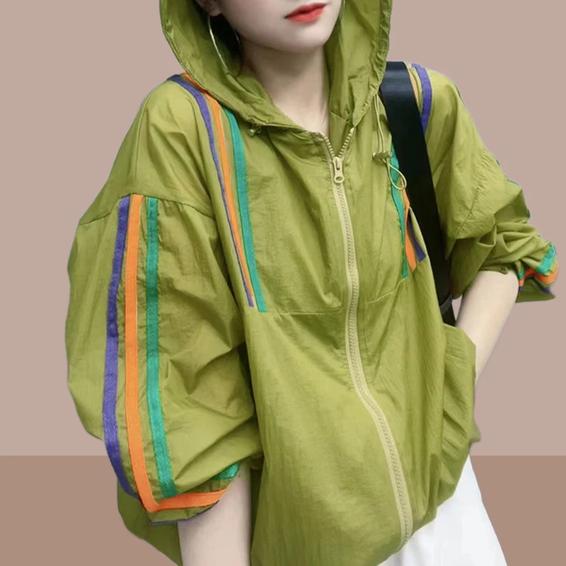 夏季条纹防晒衣女款外穿2025新款微胖显瘦宽松遮阳防晒薄款外套女