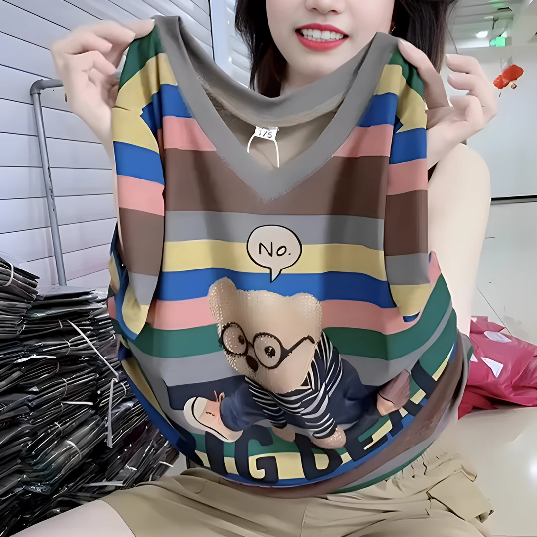 2025夏季爆款V领条纹短袖t恤女时尚百搭气质衣服微胖显瘦别致上衣