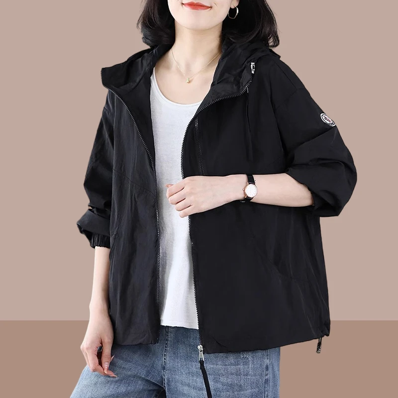 双拉链连帽冲锋衣外套女夏季2025新款宽松显瘦户外薄款防晒上衣服