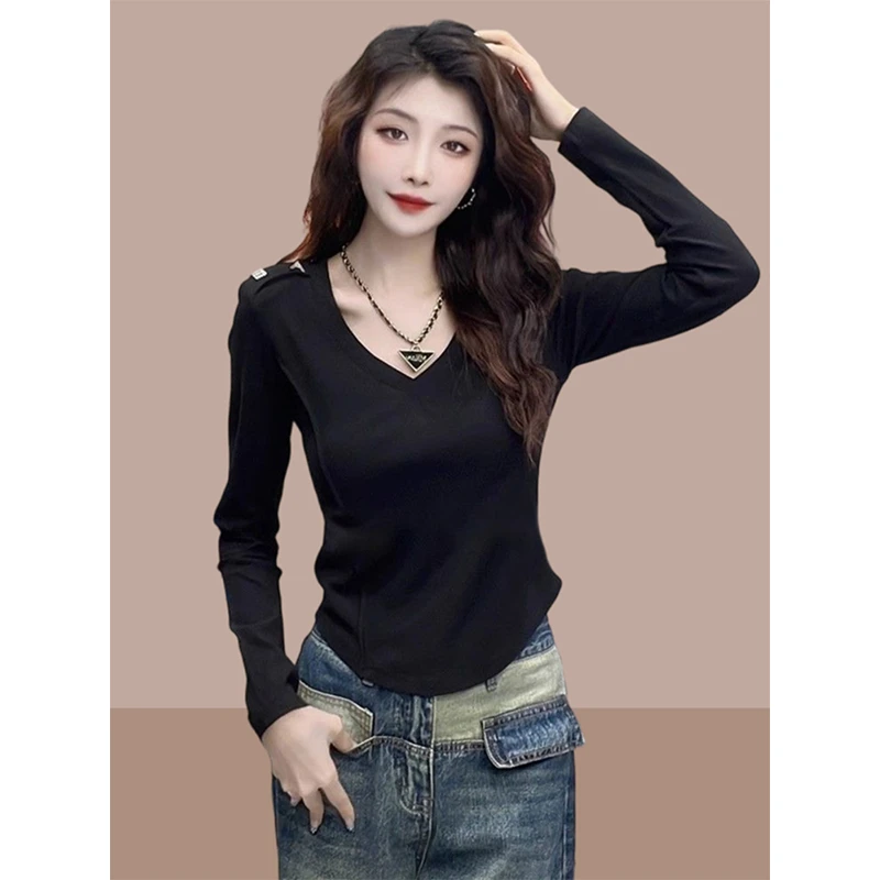 2025春秋季新款长袖t恤女士打底衫小个子V领洋气修身显瘦女装上衣