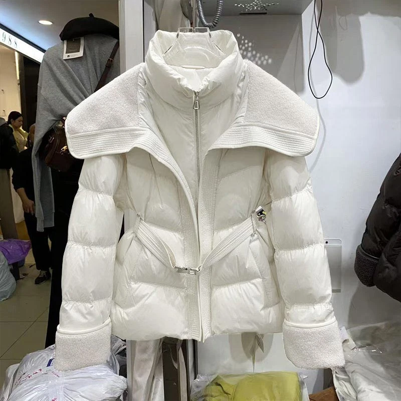 韩版时尚拼接高级感棉服女2025年秋冬季新款休闲系带收腰潮流外套