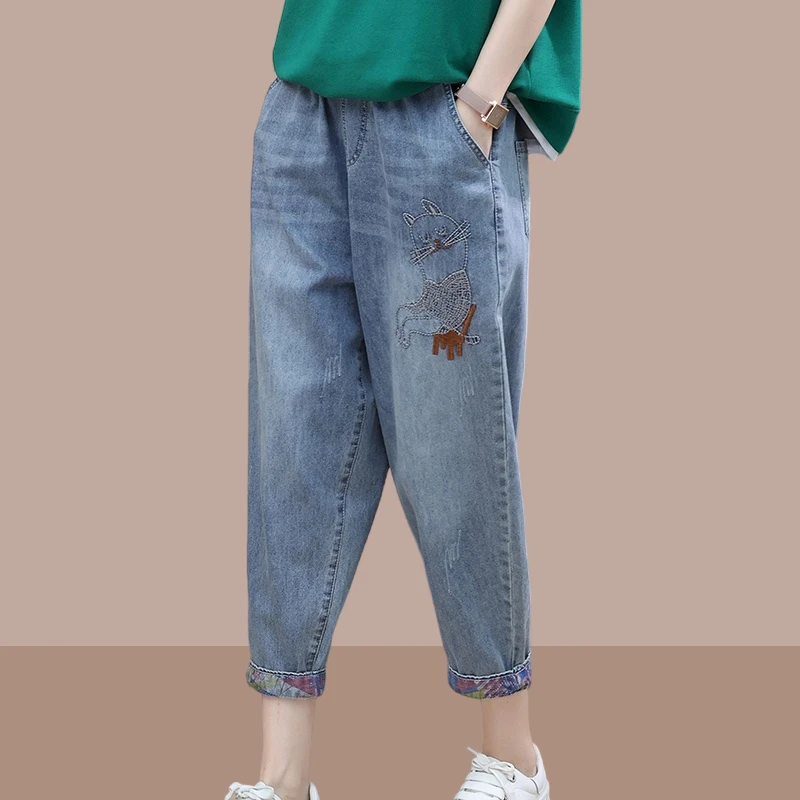 牛仔裤子女款爆款2025新款夏季宽松百搭刺绣松紧腰八分裤薄款女裤