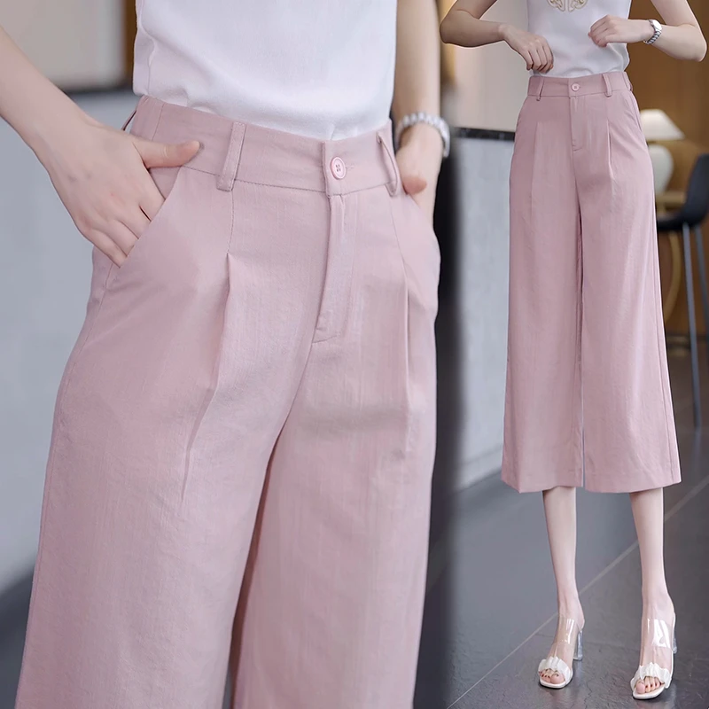 冰丝八分亚麻阔腿裤女2025夏季新款薄款棉麻宽松休闲裤直筒裤子