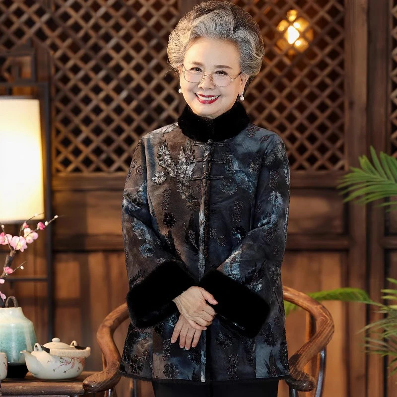 妈妈装仿皮草女保暖中老年人冬季加绒加厚奶奶外套中国风衣服秋冬