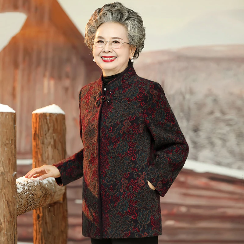 老年人秋冬装毛呢外套女太太冬装妈妈上衣老人唐装奶奶高贵衣服