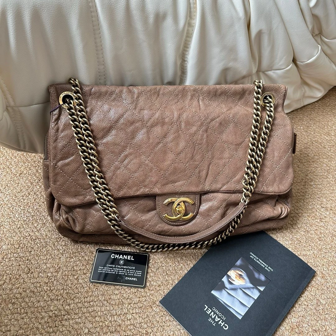 95新 Chanel/香奈儿 Chanel 奶咖棕色 金扣cf机场包/682334883