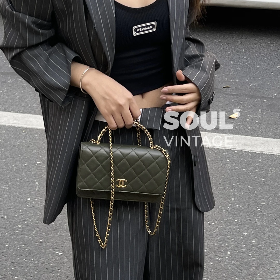 95新 Chanel/香奈儿 橄榄绿羊皮22k手柄cf woc斜挎/663515381