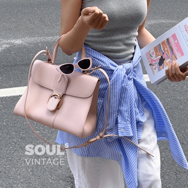 95新 Delvaux/德尔沃 粉金 牛皮 mm大号手柄手提斜挎包/680719245