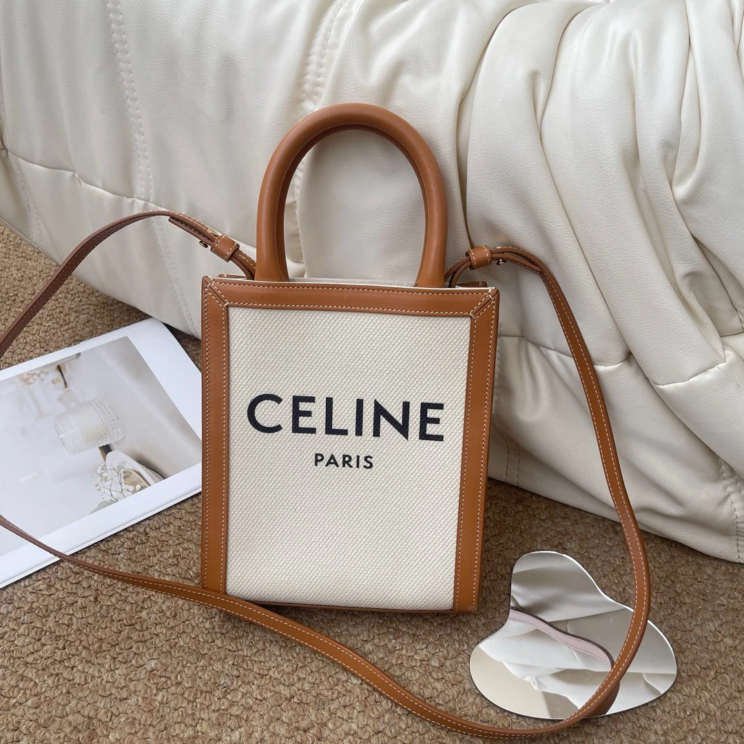 95新 Celine/思琳 焦糖色 帆布拼皮 mini 琴谱托特/681675655