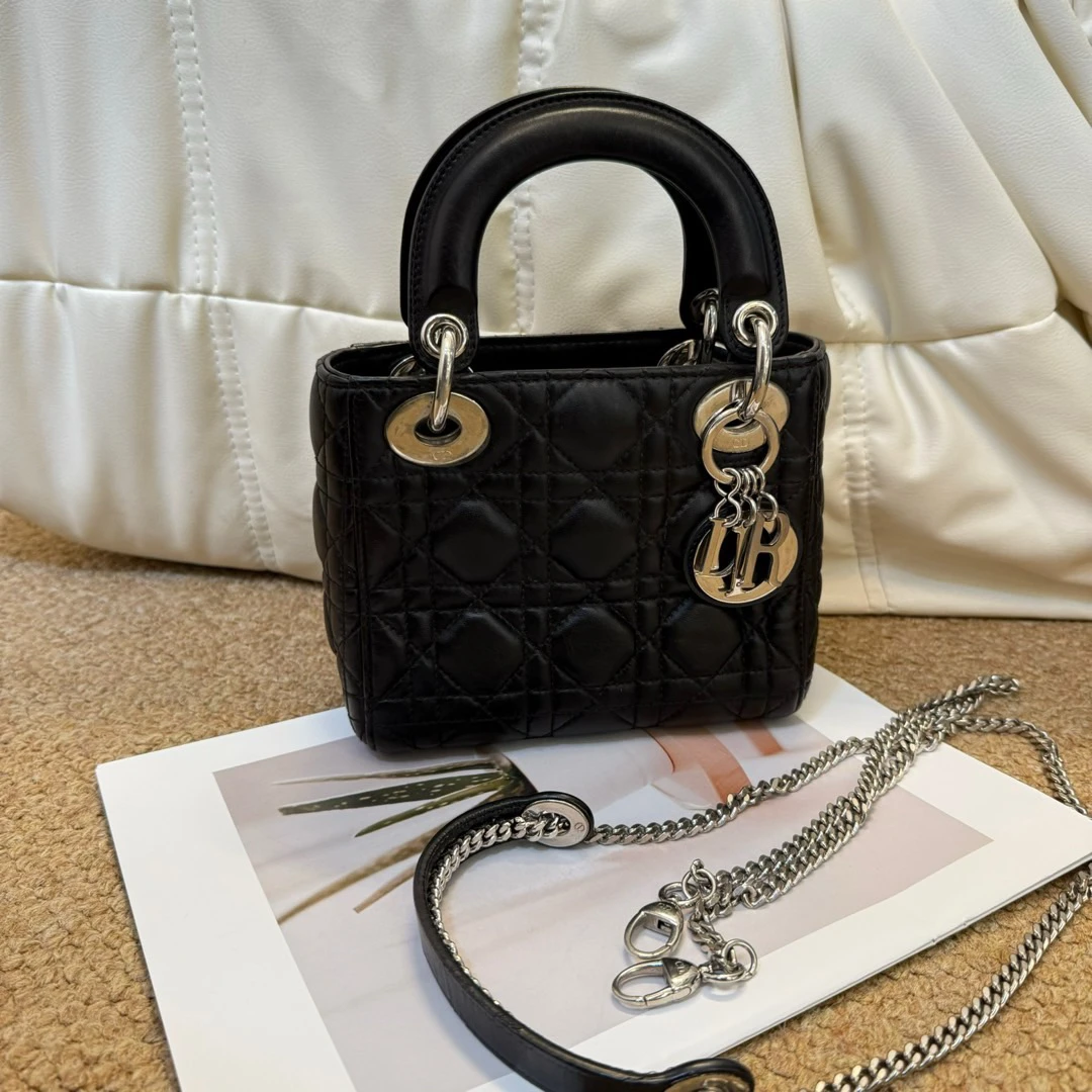 95新 DIOR/迪奥 Dior 黑银 羊皮 三格戴妃链条包/605351165