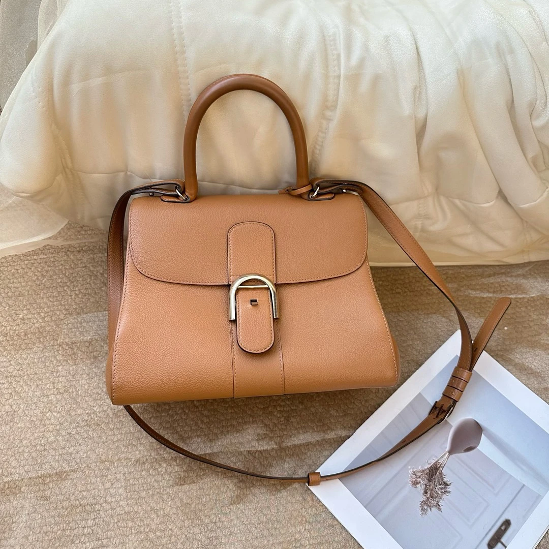 95新 Delvaux/德尔沃 棕银 牛皮 mm大号手柄手提斜挎包/633104578