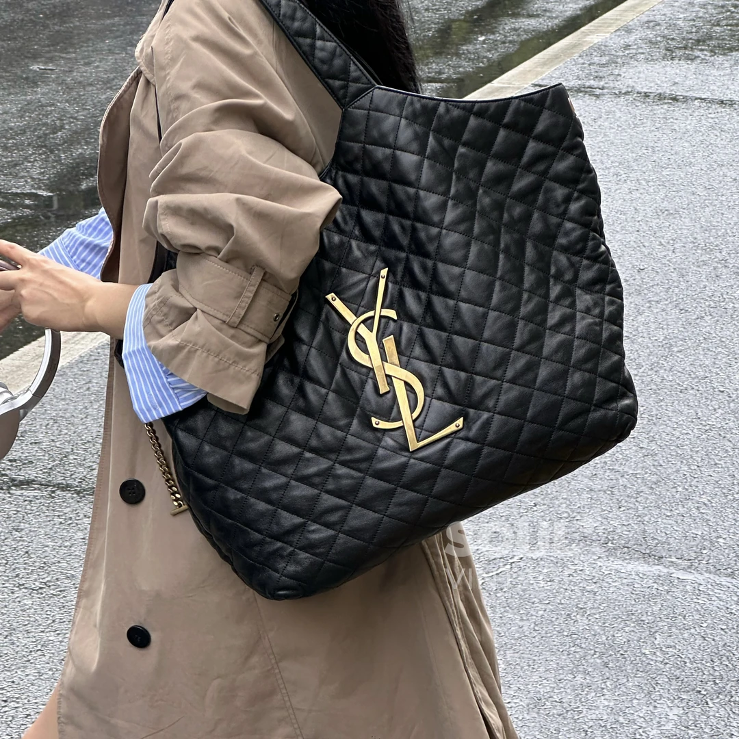 95新 YSL/圣罗兰 YSL 黑金 羊皮 lcare maxi 托特包/648965598
