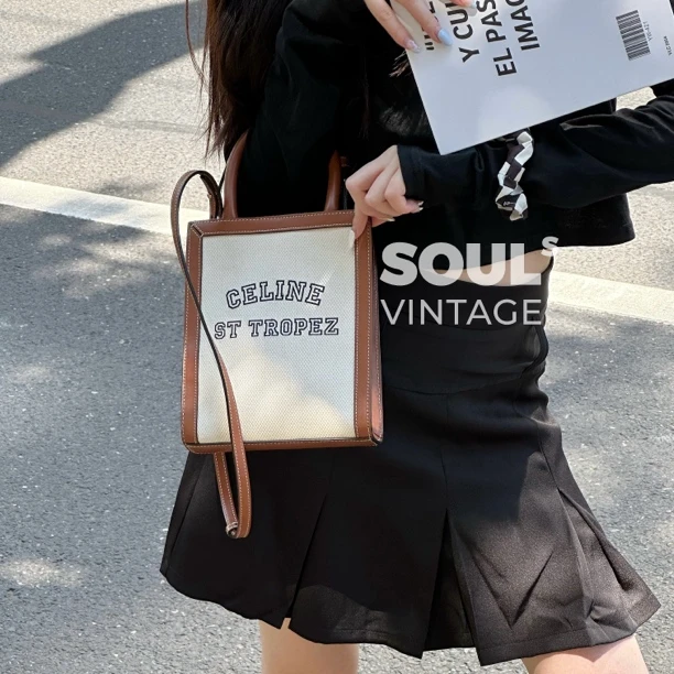 95新 Celine/思琳 米色帆布拼皮 字母mini 托特 /623986405