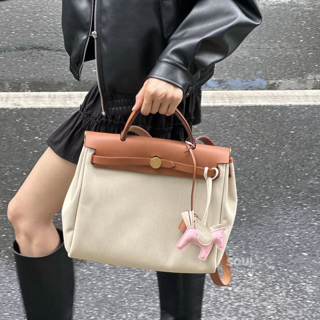 95新 Hermes/爱马仕 Hermes 米棕 帆布拼皮herbag31/616586662