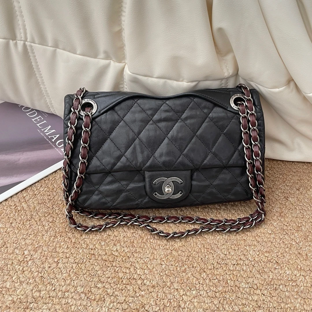 95新 Chanel/香奈儿 Chanel 黑银牛皮cf口盖2way链条包/632785786