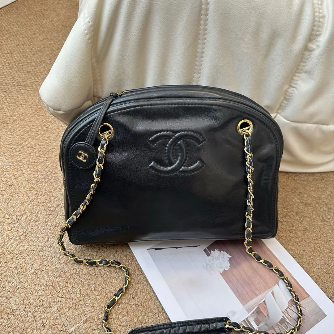 95新 Chanel/香奈儿 Chanel 黑金 羊皮 保龄球链条包/697907225