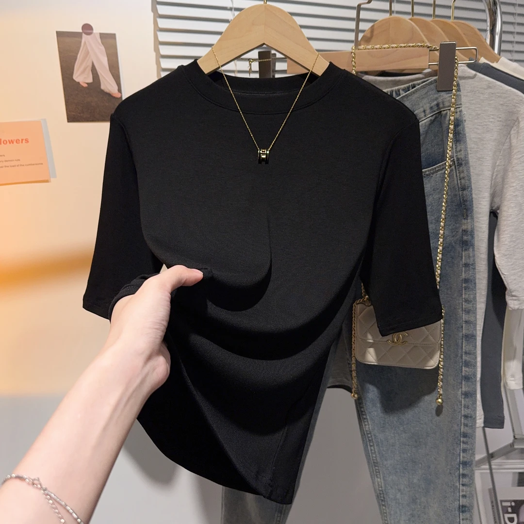 黑色打底衫春夏季修身中袖上衣半袖T恤2025年新款七分袖上衣女款