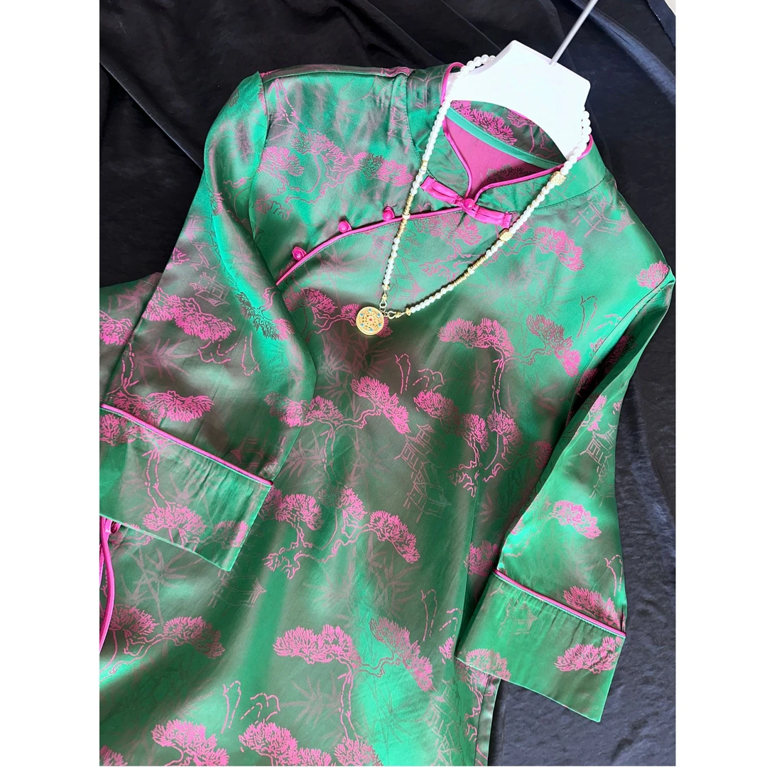 2437-秋季新款女士气质【绿松】复古日常织花新中式连衣裙