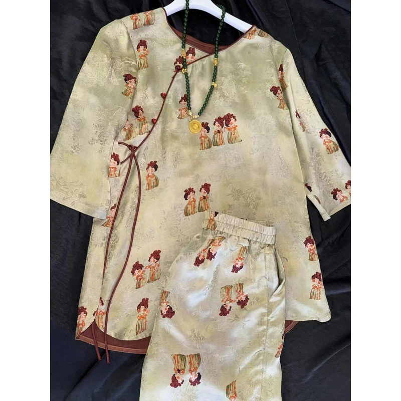 2232-【小唐人】常熟新中式气质网红夏季短裤重工绣花新中式套装