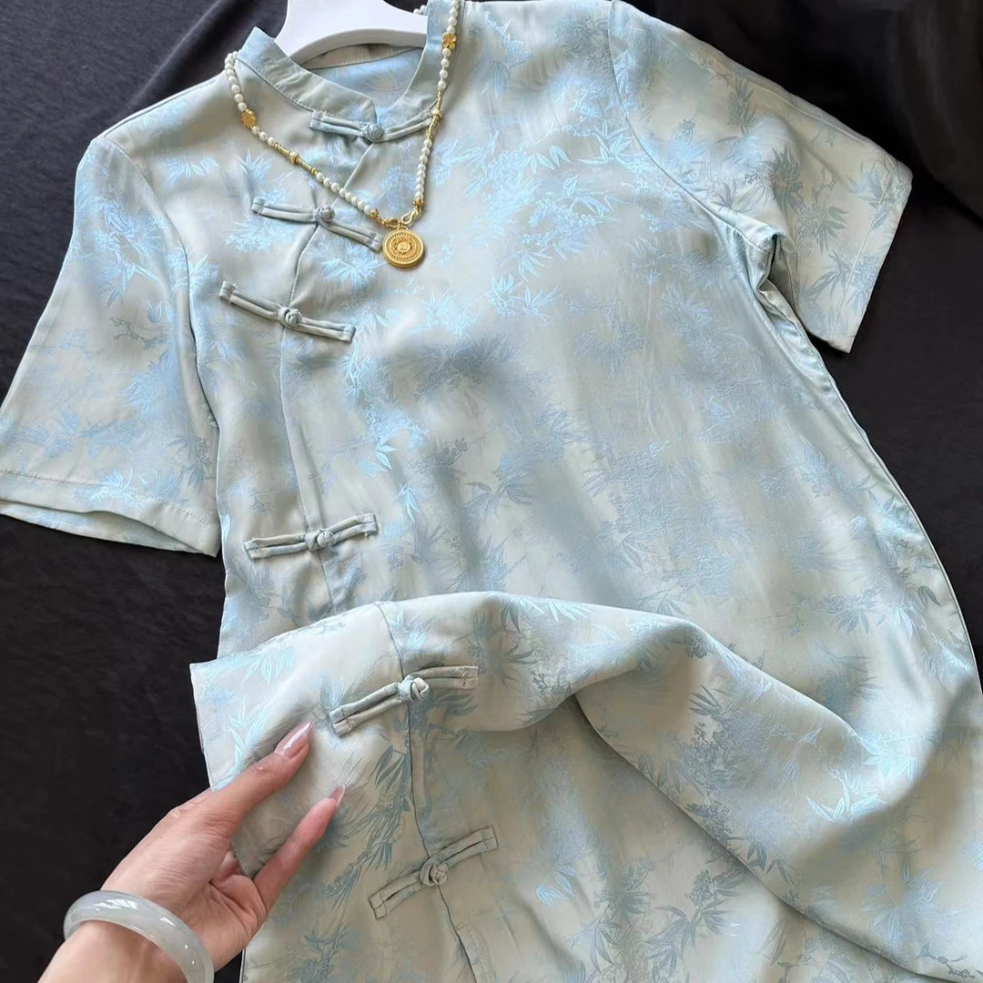 1111-常熟新中式气质新中式夏季中长款提花竹子连衣裙