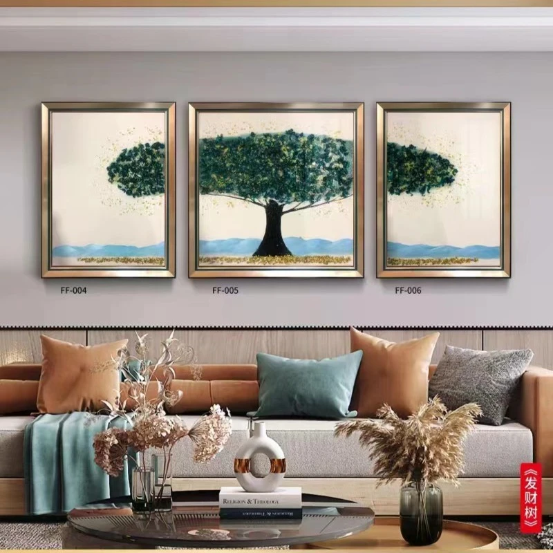 S89客厅装饰画抽象油画沙发背景墙壁画简约美式轻奢三联树组合画