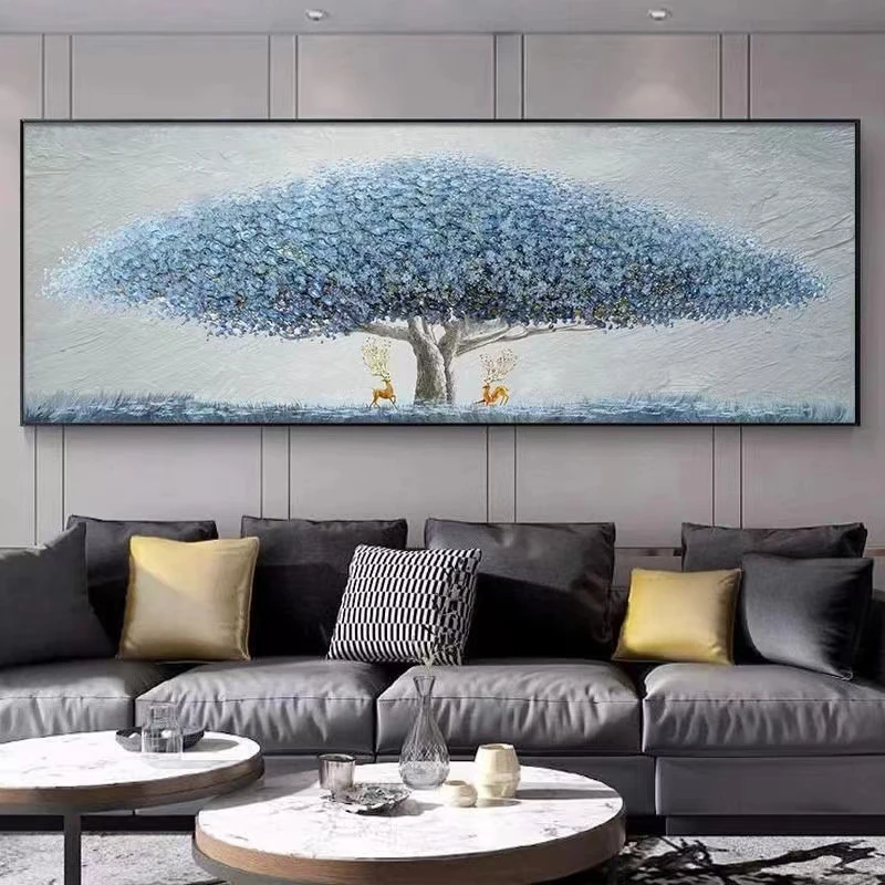 Y119雪川蓝色大树手绘油画沙发背景墙装饰画客厅挂画现代肌理壁画