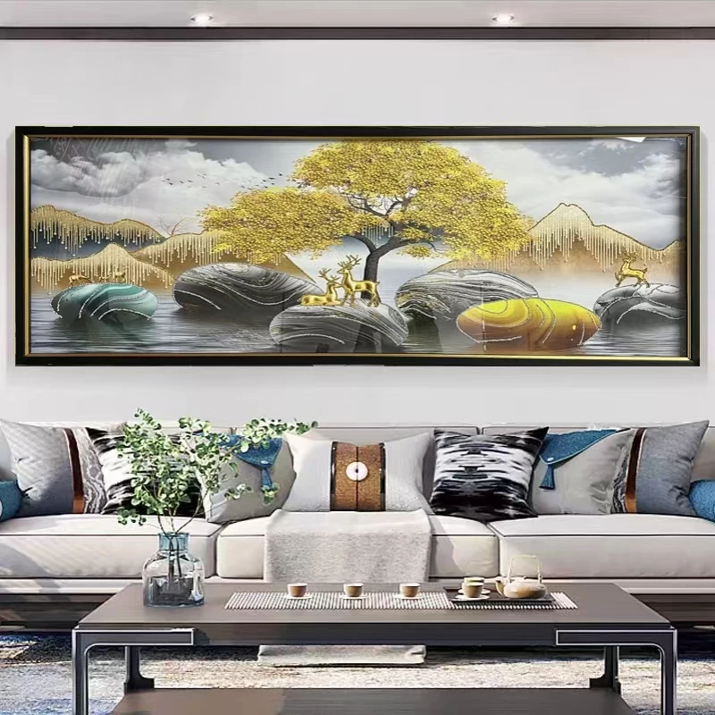 S178【金树麋鹿】横版新中式客厅实物画现代轻奢沙发背景墙家居挂画