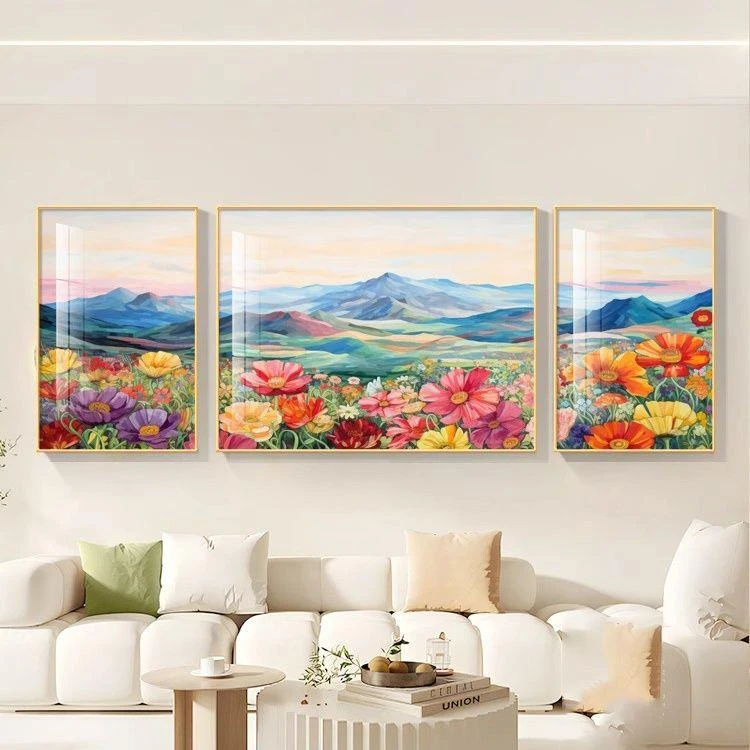 莫奈繁花客厅装饰画彩色山脉艺术感沙发背景墙挂画三联画大气壁画